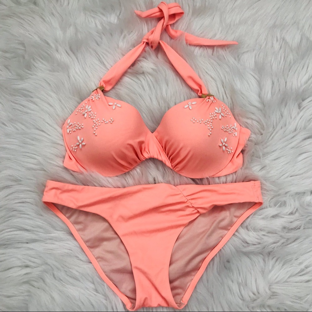 Victoria's Secret Coral Bikini with Floral Embellishments